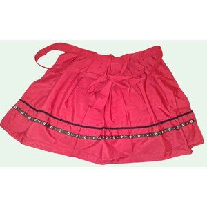 Red Waist Apron With Embroidered Floral Trim & Ties